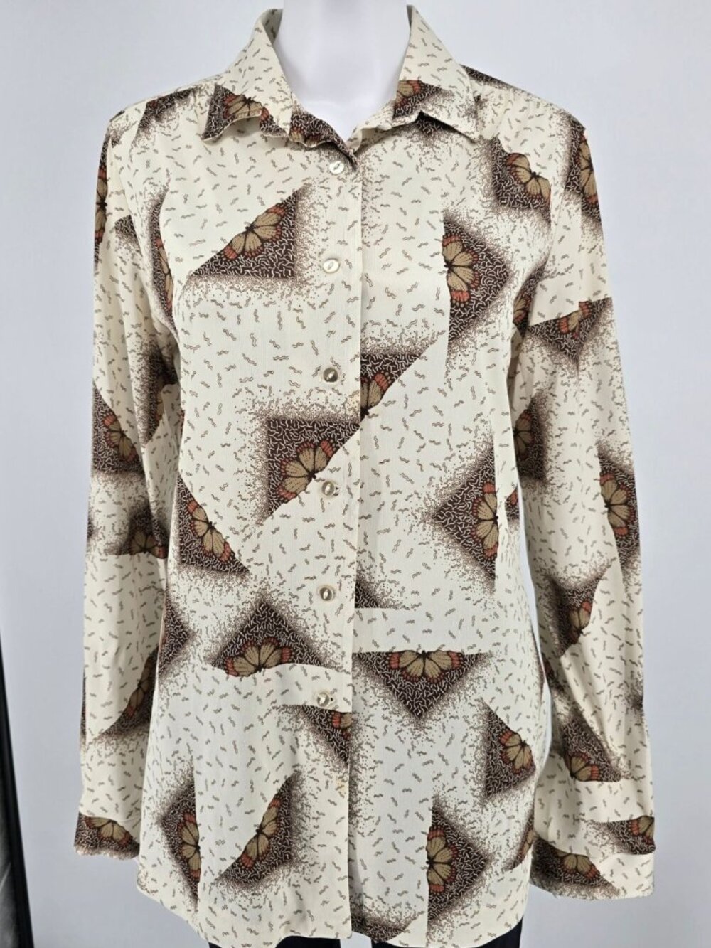 Vintage 1980s Orvieto Geometric Butterfly Print Long Sleeve Blouse (Size 14/L)